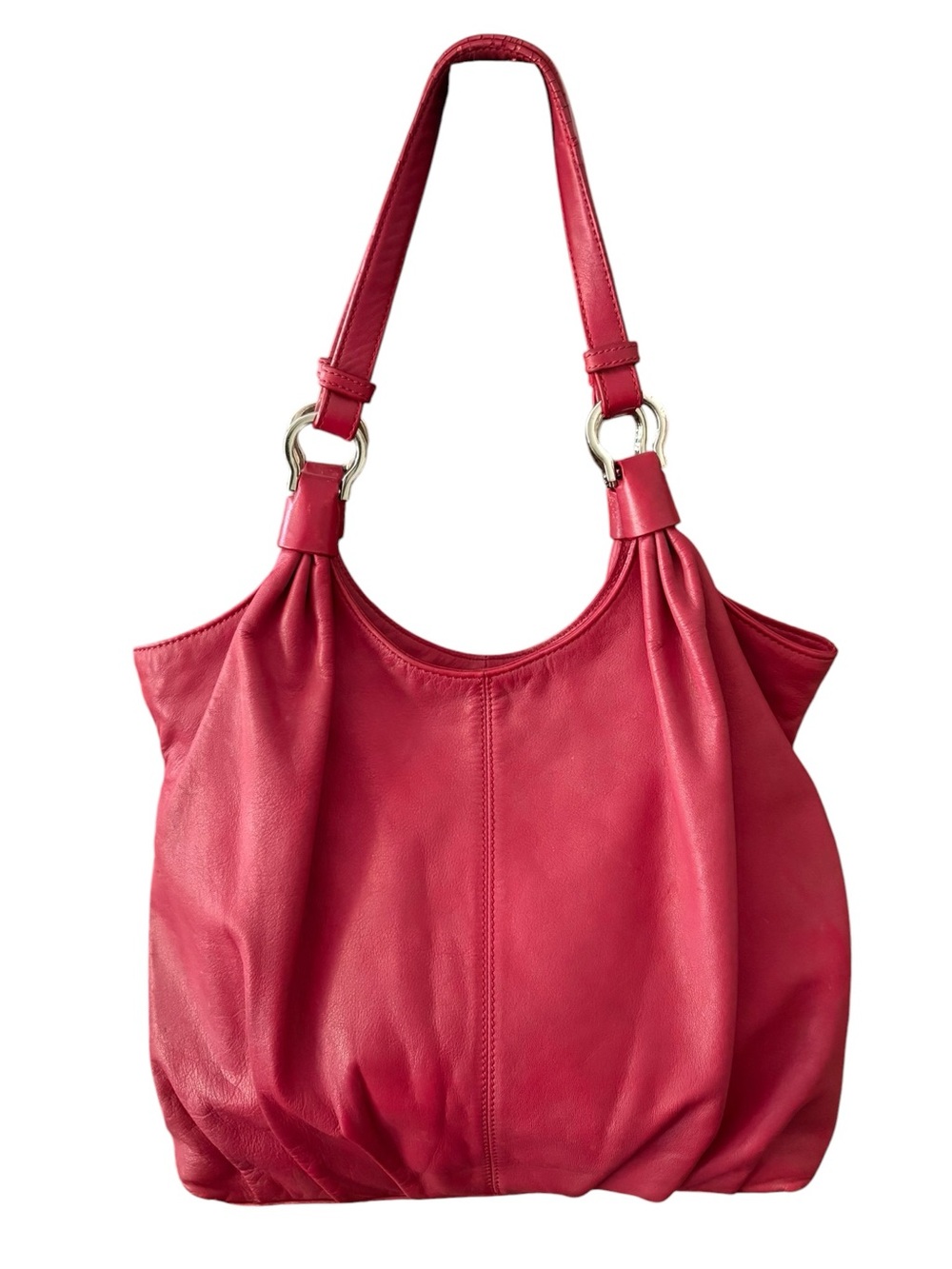 Cole Haan Large Soft Leather Pleated Slouchy Shoulder Hobo Bag Raspberry Red